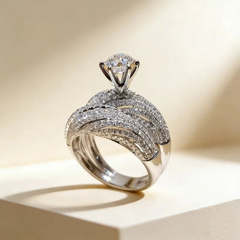 Elegant Silver Color Hip Hop Ring for Women Luxurious Inlaid White Zircon Stones Wedding Rings Set Bridal Engagement Jewelry