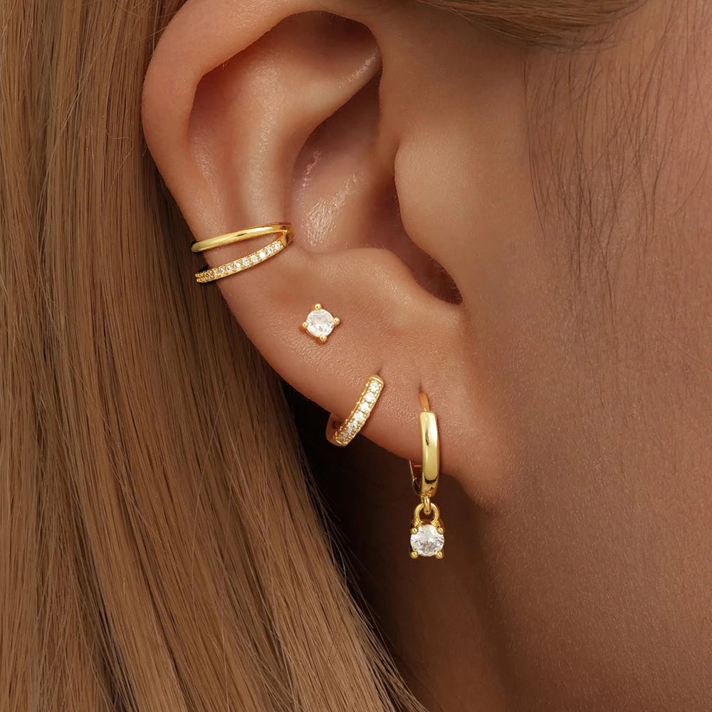 4PCS Trendy Gold Color Huggie Hoop Earrings Set for Women Tiny CZ Ear Cuff Studs Hypoallergenic Cartilage Piercing Jewelry