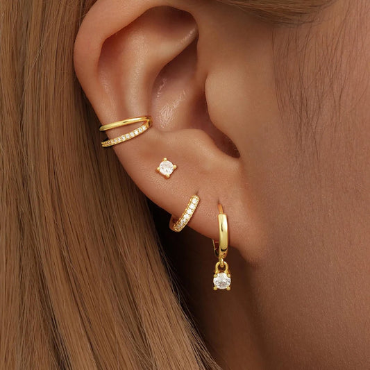 4PCS Trendy Gold Color Huggie Hoop Earrings Set for Women Tiny CZ Ear Cuff Studs Hypoallergenic Cartilage Piercing Jewelry