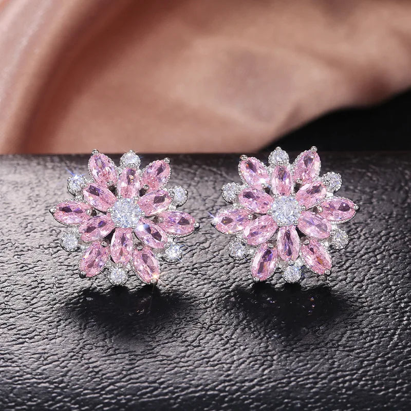 Cute Big AAAAA Bling Cubic Zirconia 925 Silver Needle Stud Earrings Fashionable Flower Earring for Women Jewelry Gift Brincos
