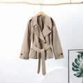 Casual Loose Jackets Women Lapel Long Sleeves Belt Double Breasted Short Windbreaker 2025 Spring Fashion Chic Streetwears Lady
