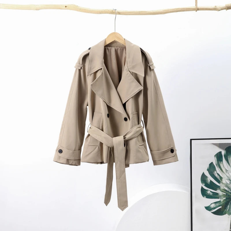 Casual Loose Jackets Women Lapel Long Sleeves Belt Double Breasted Short Windbreaker 2025 Spring Fashion Chic Streetwears Lady