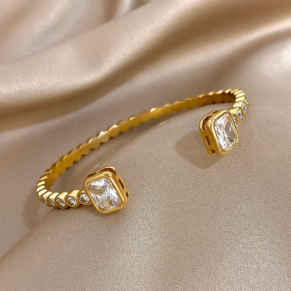 Luxury Micro Inlaid Zircon Stainless Steel Bracelet for Women Fashion Shiny Gold Silver Color Open Bangle Bracelets Jewelry Gift