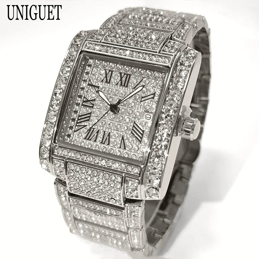 UNIGUET Iced Out Watch For Men Luxury Gold Stainless Steel Quartz Watches Hip Hop Full Diamonds Rectangle AAA Wristwatch Man