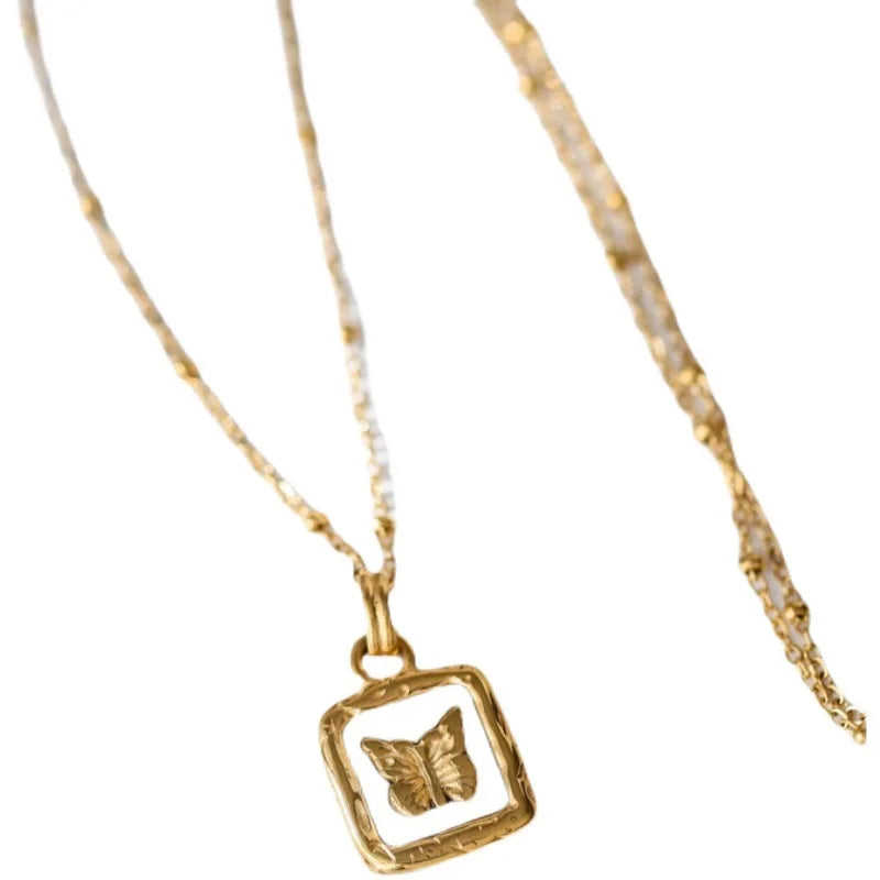 Ramos Butterfly Shell Pendant Collar Stainless Steel Golden Square Trendy Fashion Necklace for Women Stylish Jewelry Gift