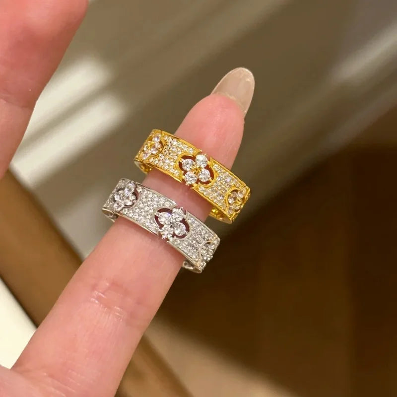 Original Design Fashion New Crystal Flower Adjustable Ring Women Personalized Stainless Steel Ring Luxury Jewelry Accessories