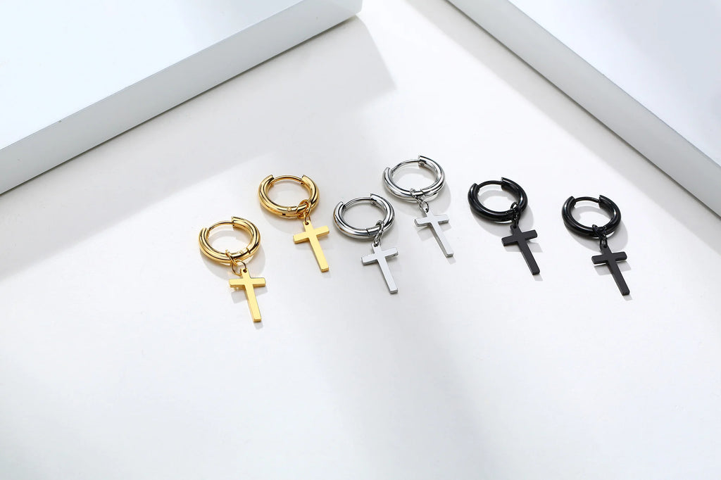 Dainty Minimalist Gold Color Dangling Cross Shaped Charm Huggie Pierced Hoop Earrings For Guy Men Women Jewelry