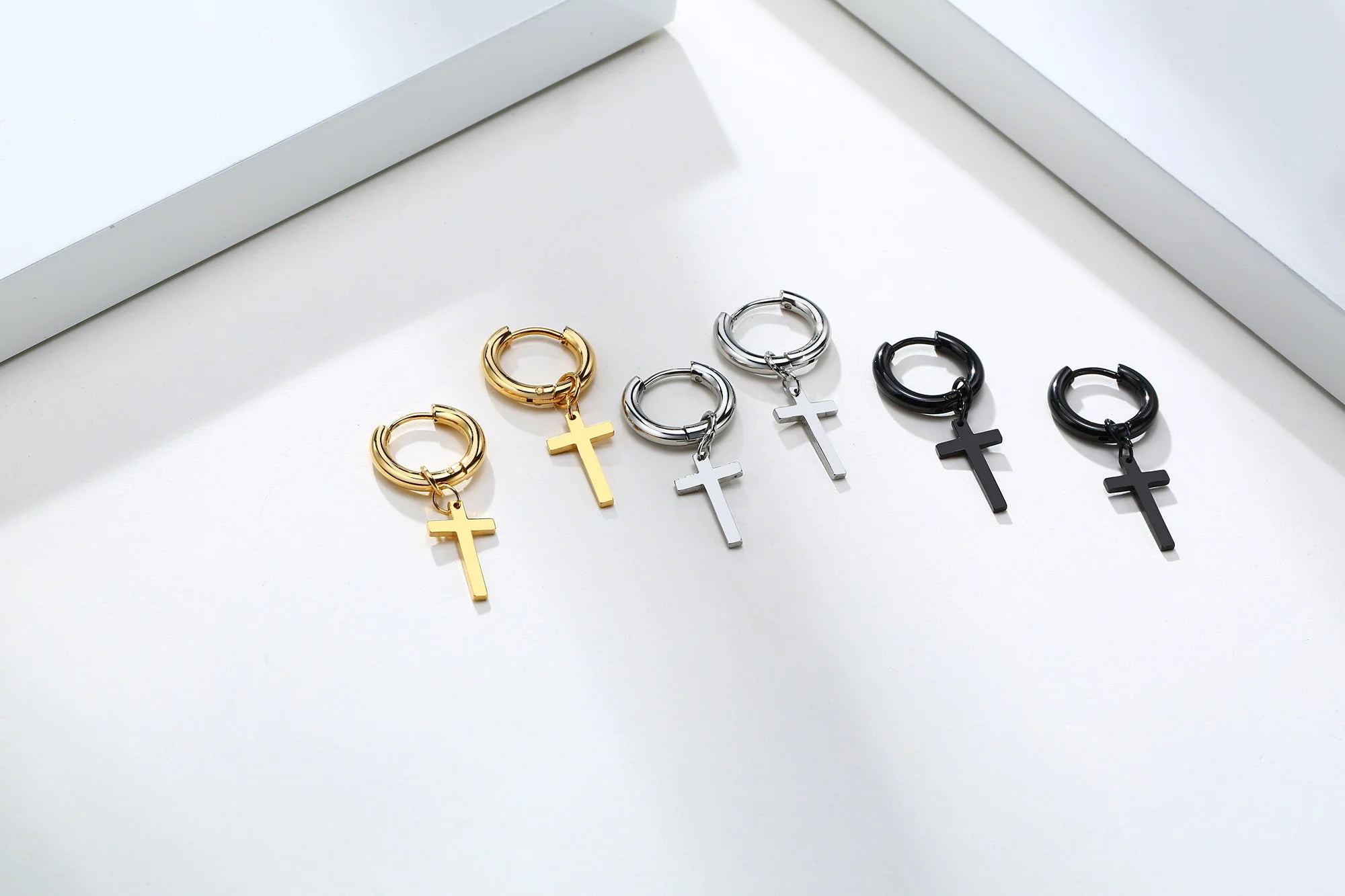 Dainty Minimalist Gold Color Dangling Cross Shaped Charm Huggie Pierced Hoop Earrings For Guy Men Women Jewelry