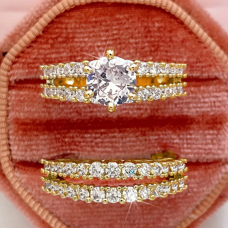 Huitan Trendy Hollow Set Rings Full Bling Iced Out CZ Stone Luxury Women Wedding Engagement Rings 2Pcs Set Jewelry Drop Shipping