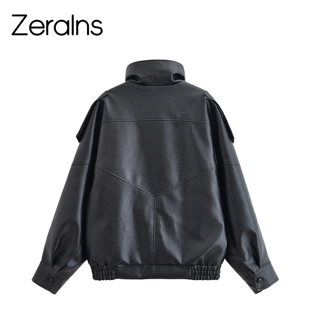 ZERAINS Autumn new women's clothing European and American fashion loose imitation leather long sleeved stand up collar jacket
