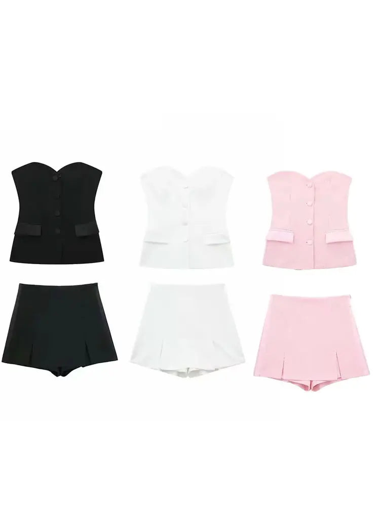 HH Summer Women's Short and Unique Tight Bra 2-piece Set Vintage Elegant Women's High Waist A-line Slim Fit Short Skirt Set
