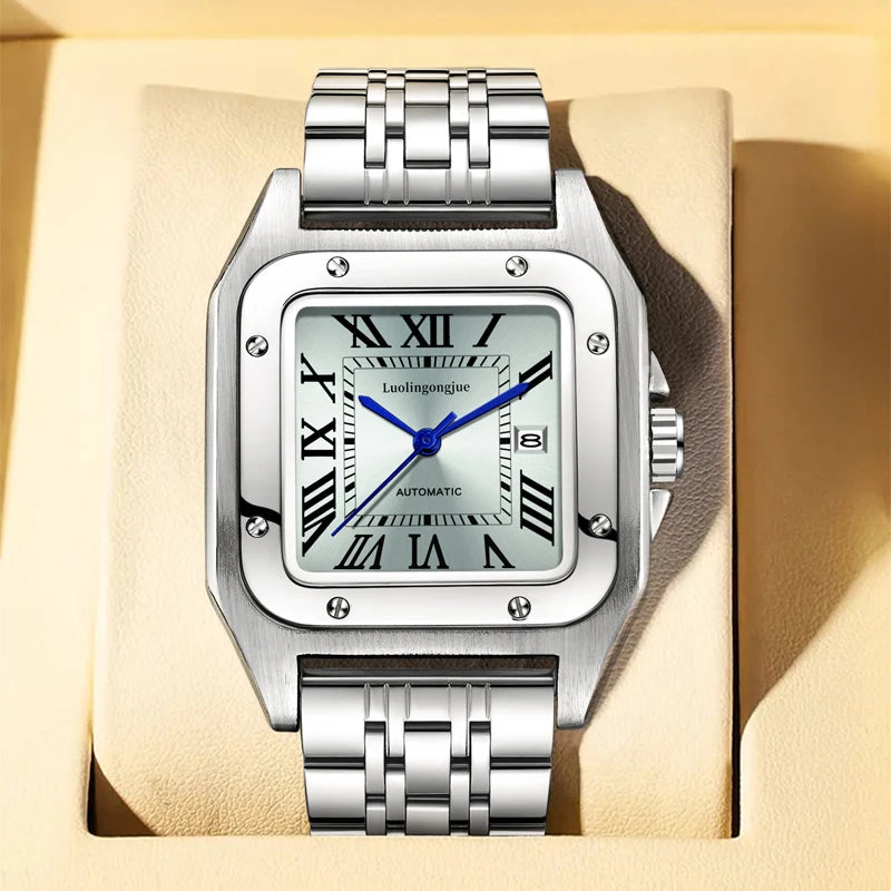 New Genuine High-Quality Square Men's Mechanical Watch, Automatic Winding, Skeleton Design, Stainless Steel Strap, with Calendar Display, European and American Style Tank Series, Fashionable Business Casual Stylish Handsome S