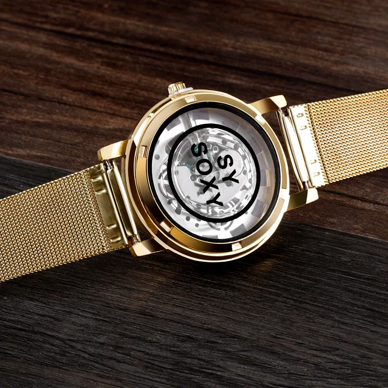 Luxury Gold Skeleton Watch for Women Ladies Fashion Watches Steel Band Gold High Quality Men and Women Couple Watches
