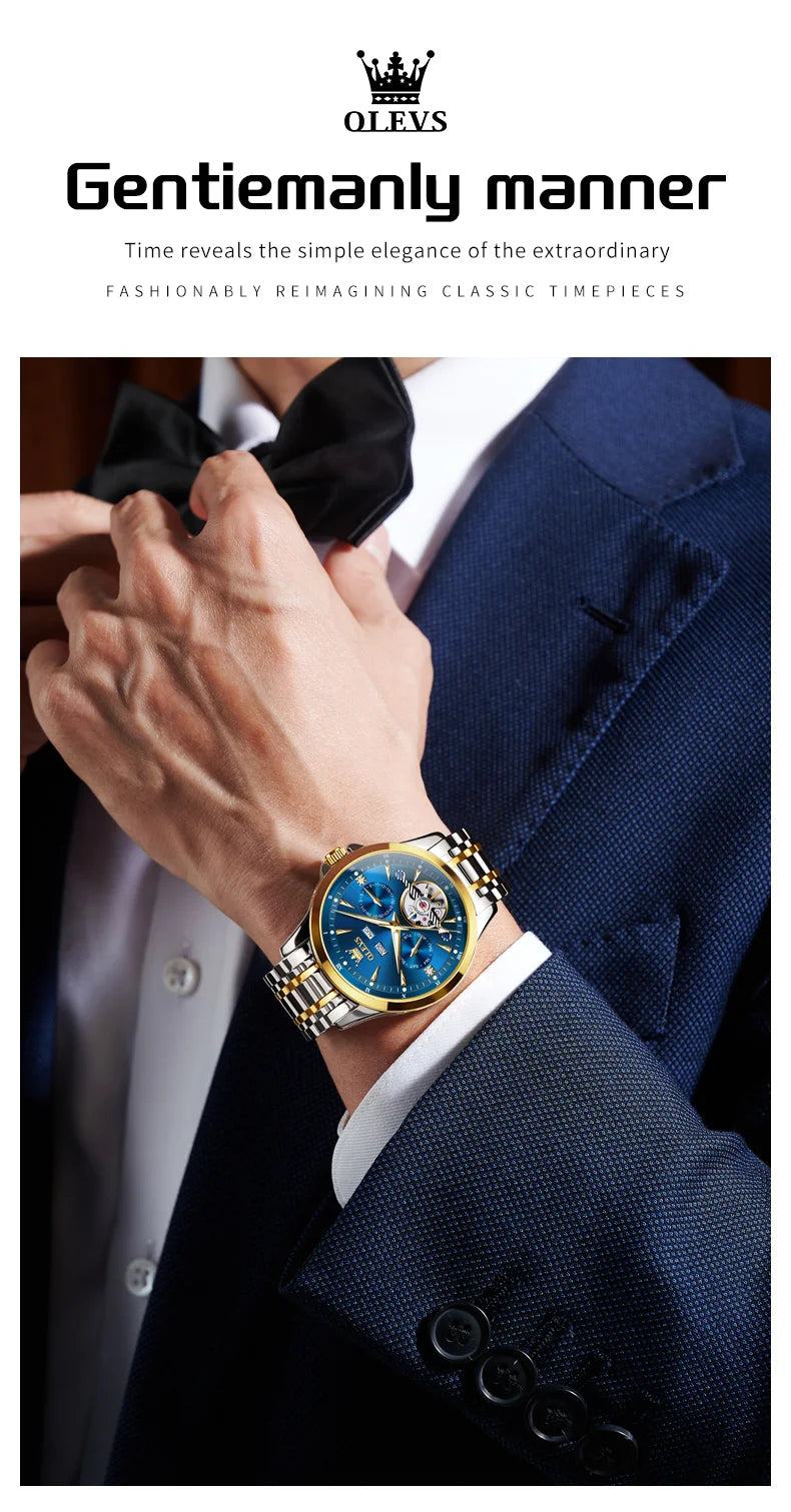OLEVS Automatic Man Watch Skeleton Flywheel Luxury Original Mechanical Wristwatch Waterproof Stainless Steel  Men's Watches 7091