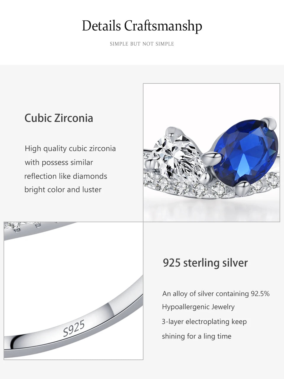 Ailmay 925 Sterling Silver Sparkling Blue White Finger Ring For Women Girls Party Fashion Stackable Fine Jewelry