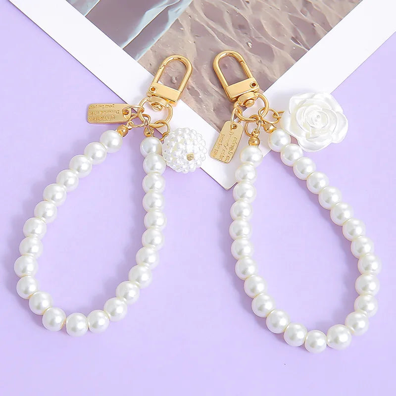 Lovely Beaded Bowknot Keychains Elegant Pearl Chain Pendant Women Bag Charms Hanging Ornament DIY Headphone Case Accessories