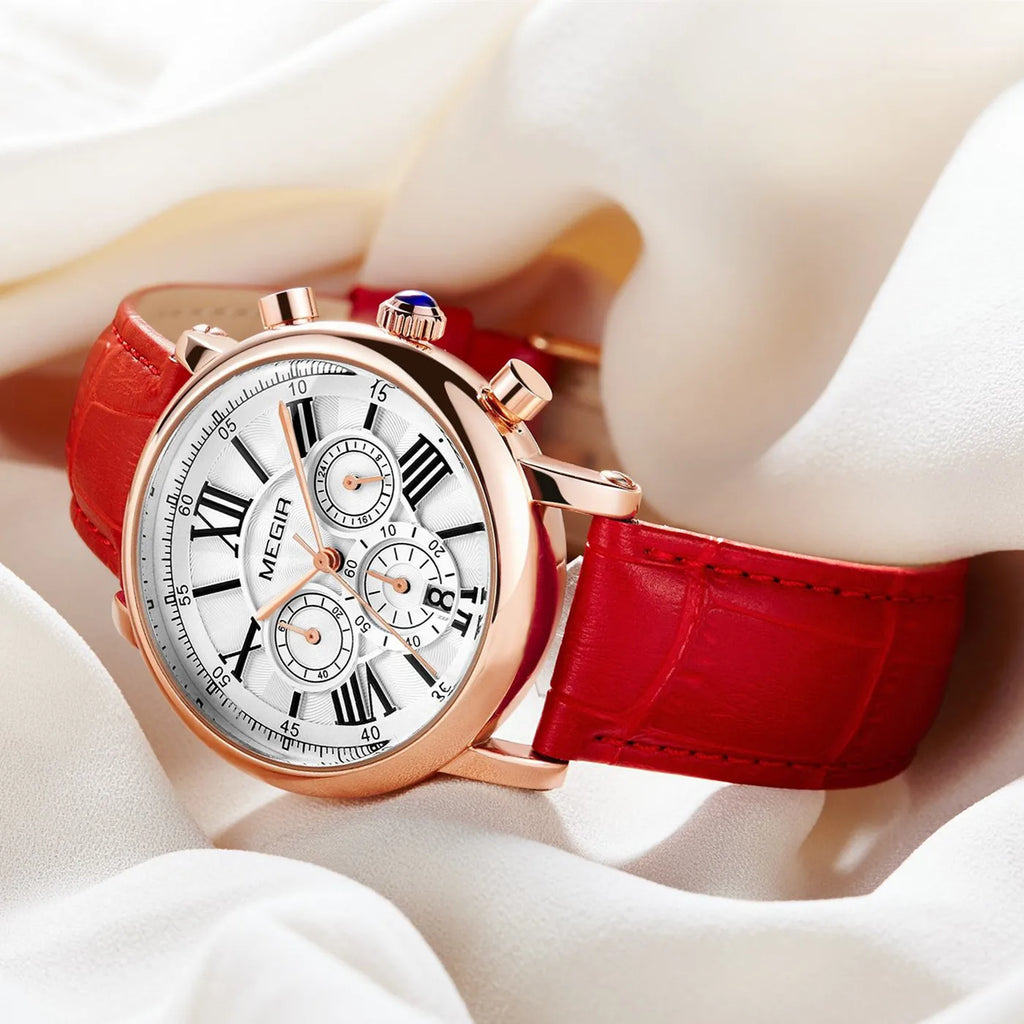 MEGIR Women Watches Luxury Quartz Chronograph Leather Strap Ladies Sports Wristwatch Female Dress Clock 24-hour Reloj Mujer 2058