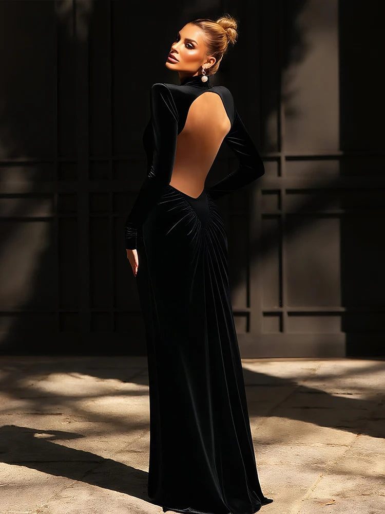 kliou Shirring Sheath Women Maxi Dresses High Street Classic Full Sleeve Straight Shoulder Backless Vestidos Mujer Evening Wear