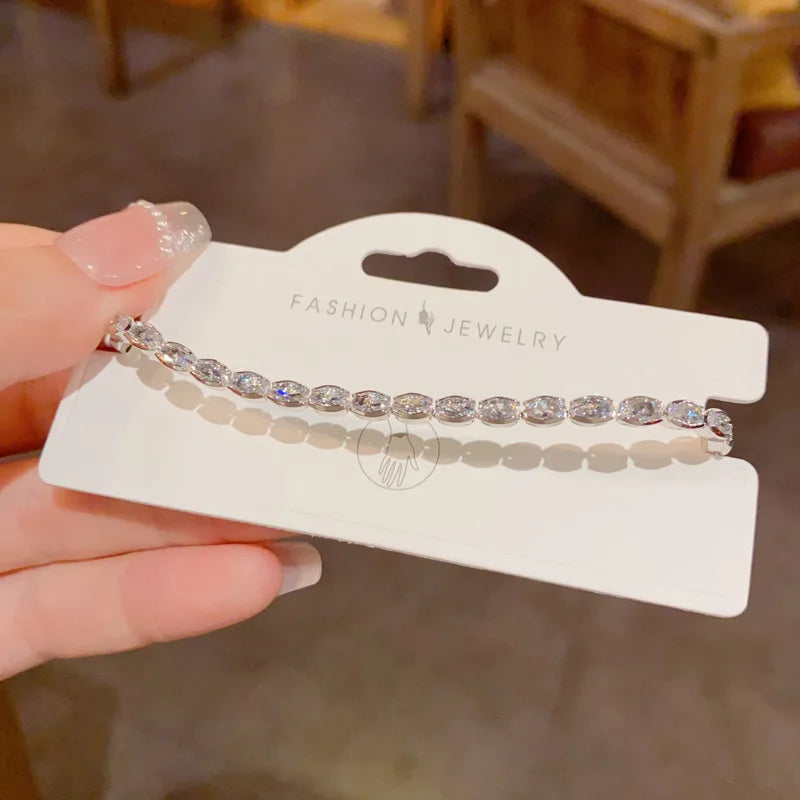 Dainty Oval Zircon Link Chain Bracelet Women Real Gold Plating Sparkling Minimalist Fashion Jewelry Wedding Party Accessory 1750