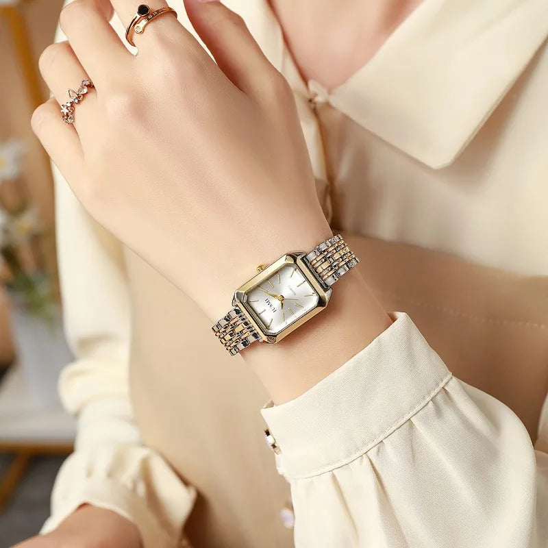 Square women's dual color alloy watch strap with steel strap and quartz watch