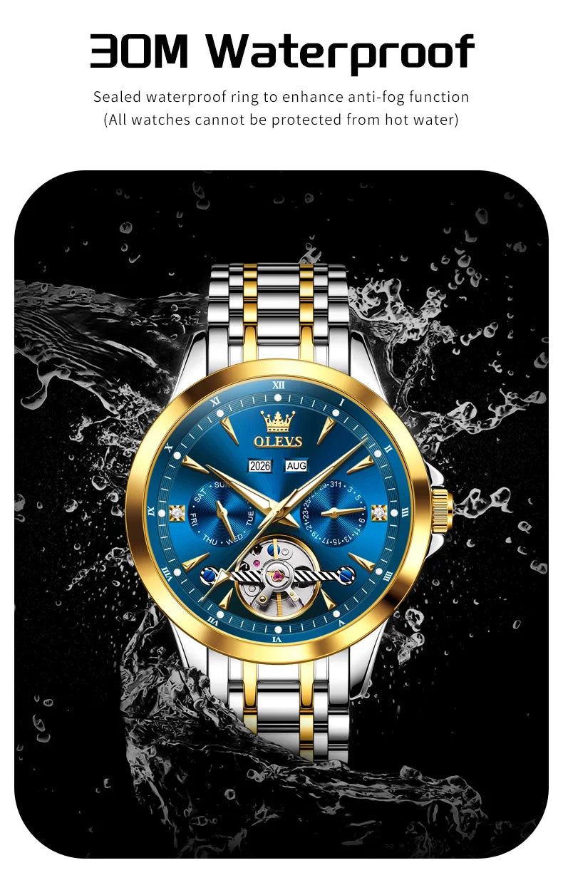 OLEVS Automatic Man Watch Skeleton Flywheel Luxury Original Mechanical Wristwatch Waterproof Stainless Steel  Men's Watches 7091