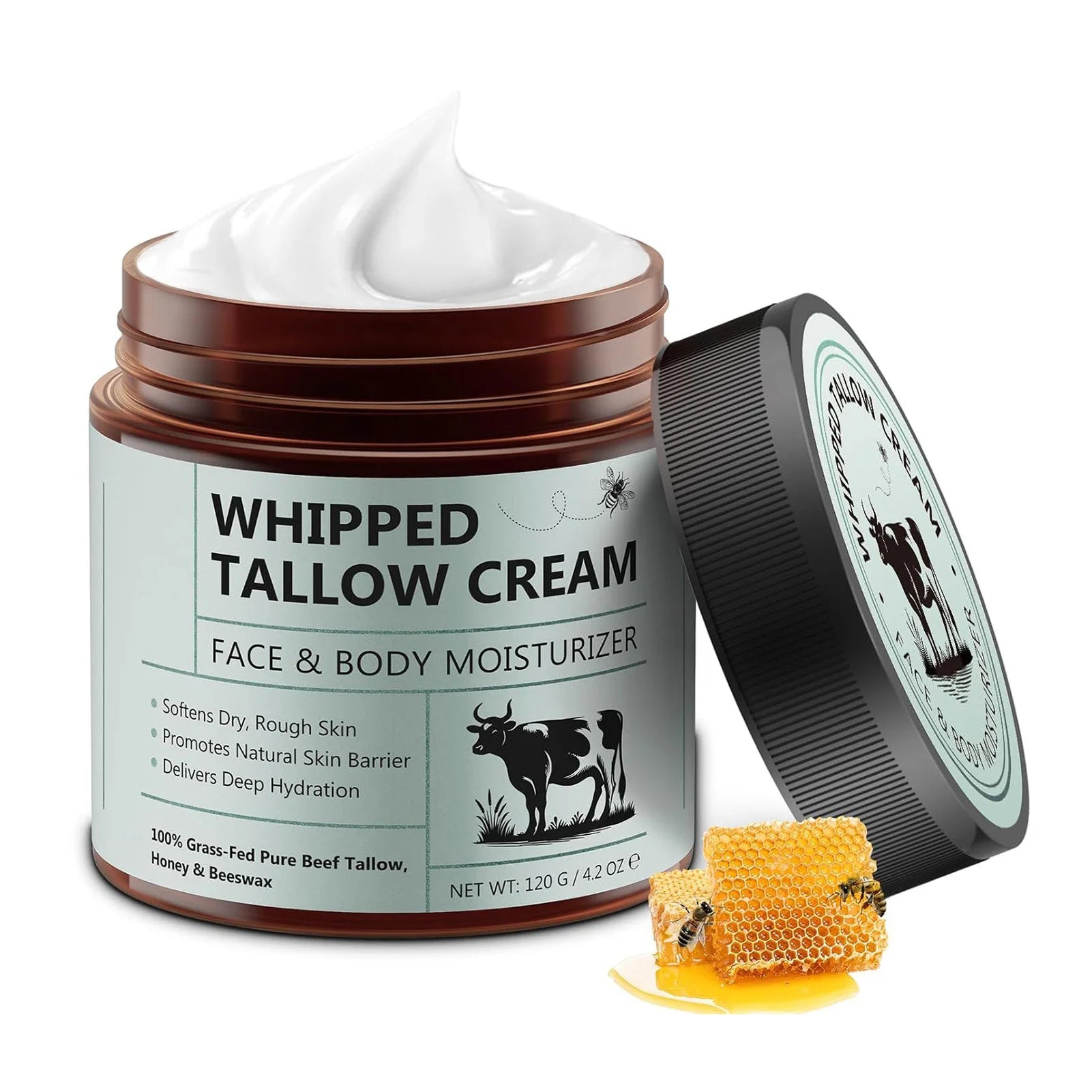 120g Tallow Face Moisturizer Organic-Grass Fed Whipped Beef Tallow with Honey Beeswax Deeply Moisturizing for Face Body
