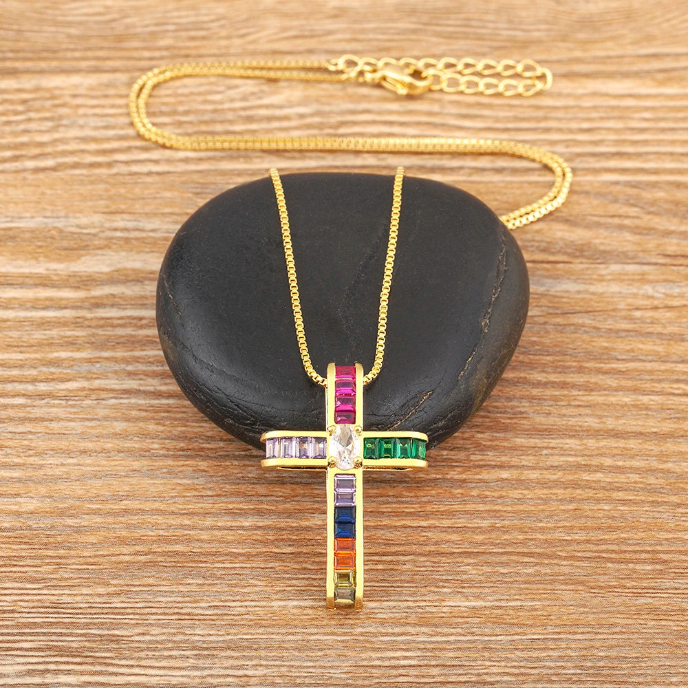 AIBEF Fashion Cross Shape Pendant Colorful Rhinestone Women Necklace Copper Zircon Stereoscopic Jewelry Christianity Unisex Gift