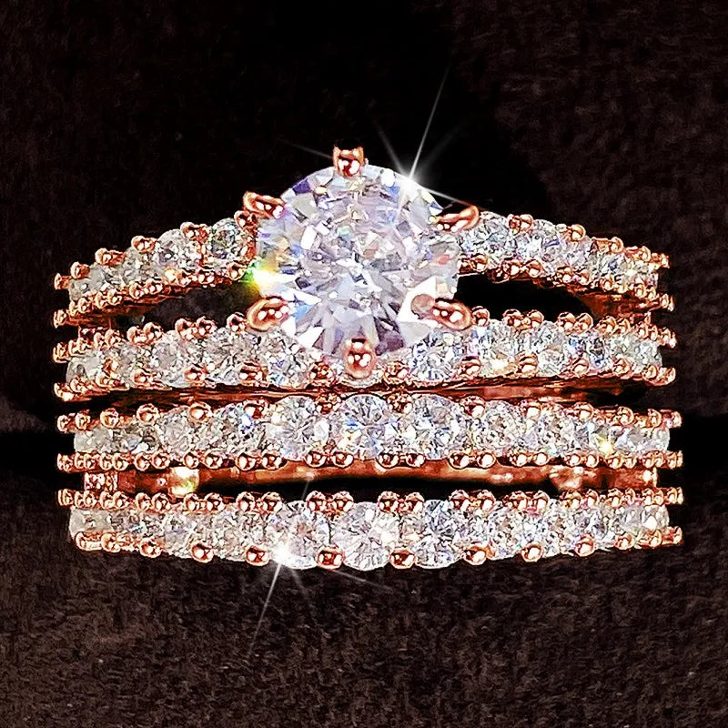 Huitan Trendy Hollow Set Rings Full Bling Iced Out CZ Stone Luxury Women Wedding Engagement Rings 2Pcs Set Jewelry Drop Shipping