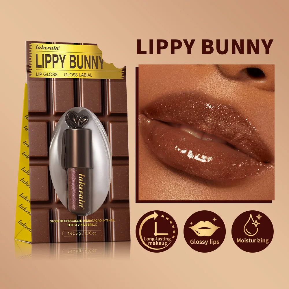 LIPPY BUNNY Plump Lips Chocolate Glow Moisturizing Lip Gloss with Bunny Keychain Lip Stain Cosmetics Makeup