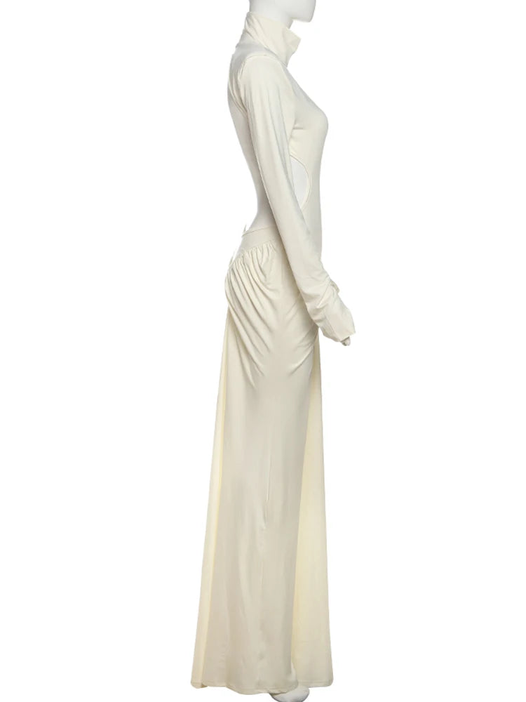kliou Shirring Sheath Women Maxi Dresses High Street Classic Full Sleeve Straight Shoulder Backless Vestidos Mujer Evening Wear