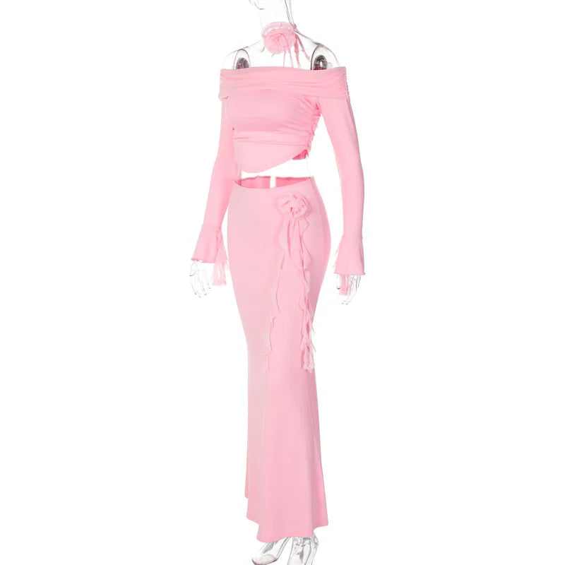 TARUXY Flower Bodycon Skirt Sets Women Slim Sexy Backless Lace Up Tops Women's Party Elegant Dress 2 Piece Womens Suits Outfits