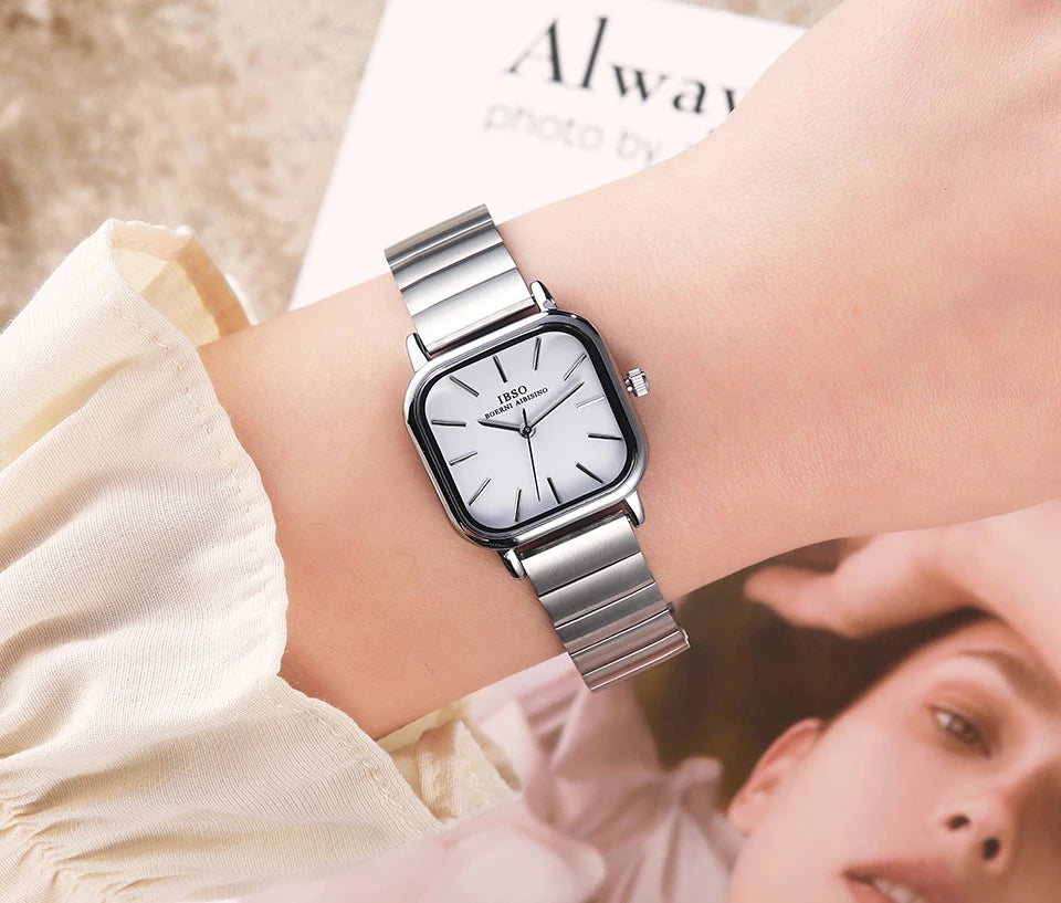 IBSO 2022 New Women Quartz Watches Waterproof Japanese Movement Stainless Steel Strap Square Dial Elegant Female Wristwatches