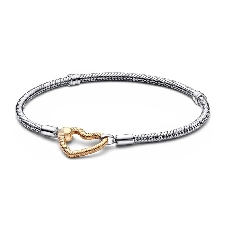 925 Silver original 17-21CM Pearl Heart-Shaped Hard Ring Square Buckle Round Bracelet Fit for DIY Mini Birthday Jewelry Gifts