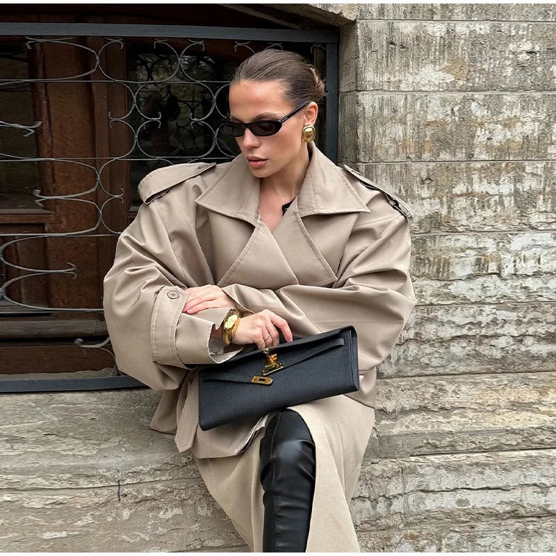 Casual Loose Jackets Women Lapel Long Sleeves Belt Double Breasted Short Windbreaker 2025 Spring Fashion Chic Streetwears Lady