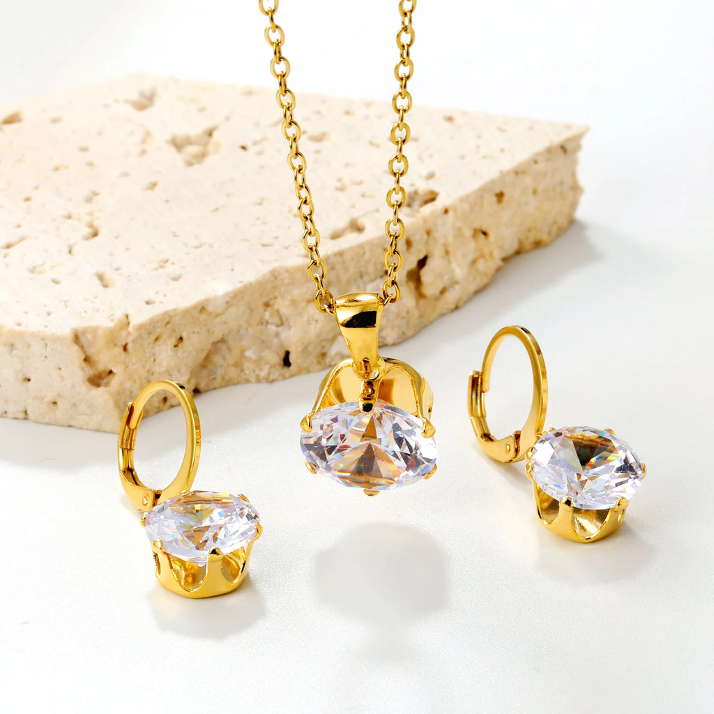 Delicate Jewelry Sets Charm White Blue Pink Color Bling Crystal Pendant Necklace Earring Brinco Wedding Dainty Daily Wear Bijoux