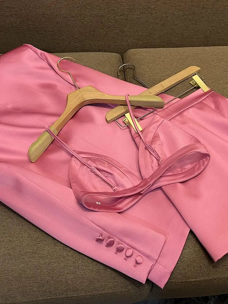 Pink Satin Slim Fit Blazer Hip-covering Skirt Fashionable Commuting Two-piece Set