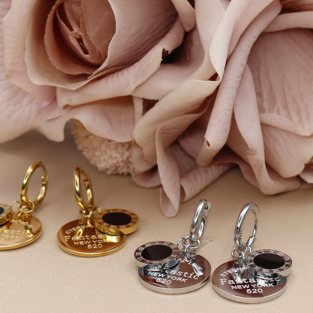 XE-193 New Roman Numeral Medallion Design FOREVER LOVE Stainless Steel Ladies' Jewellery Earrings Gift Wholesale