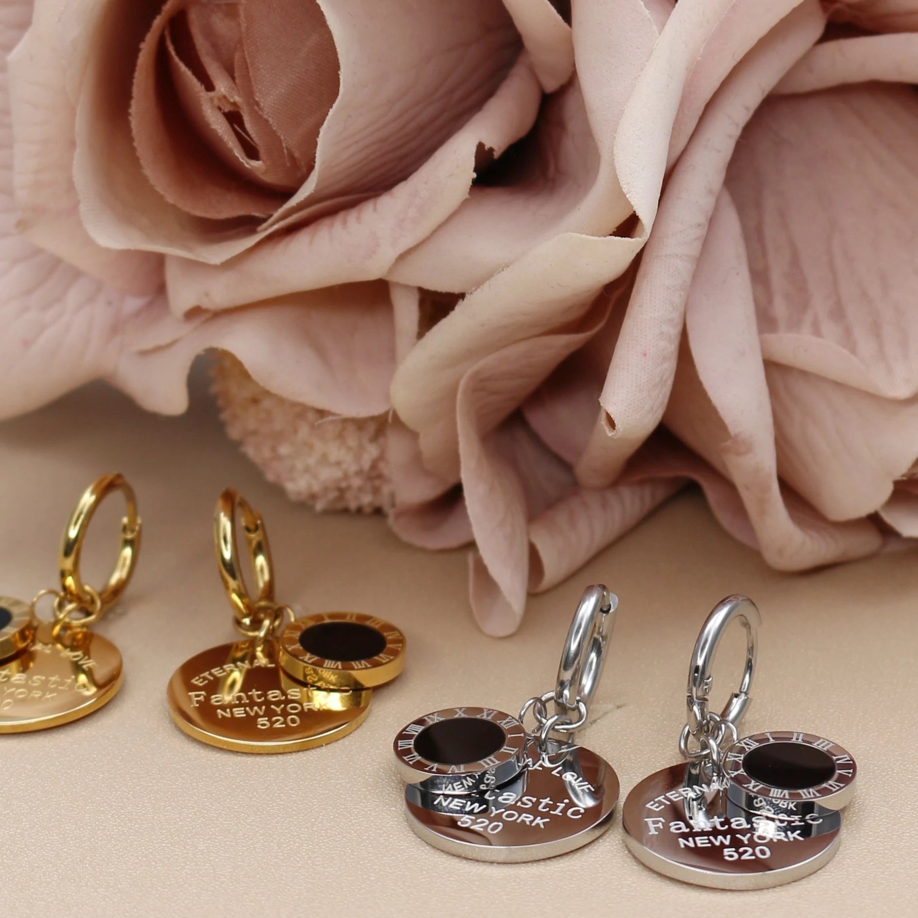 XE-193 New Roman Numeral Medallion Design FOREVER LOVE Stainless Steel Ladies' Jewellery Earrings Gift Wholesale