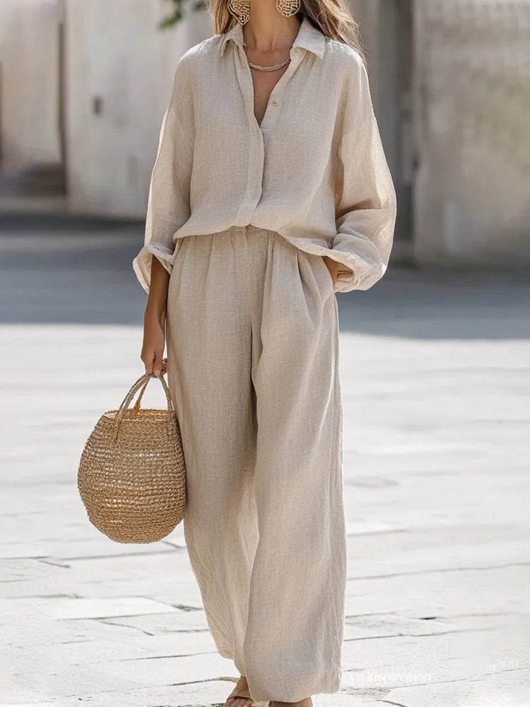 Lady Cotton Linen Shirt Pants Suits Casual Two Piece Set For Women 2025 Autumn Long Sleeve Top And Wide Leg Pants Loose Outfits