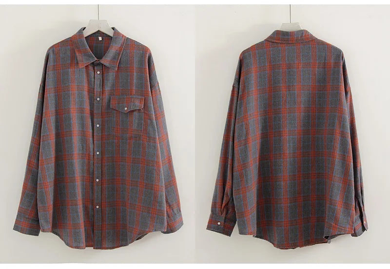 Streamgirl Oversized Plaid Shirt Women 2026 Spring Loose Vintage Long Shirts Full Sleeve Women Plaid Brown Oversized Shirt Blue