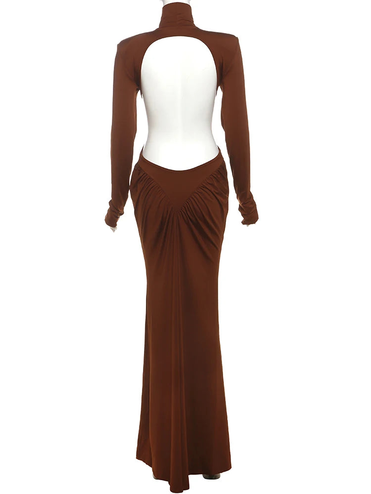 kliou Shirring Sheath Women Maxi Dresses High Street Classic Full Sleeve Straight Shoulder Backless Vestidos Mujer Evening Wear