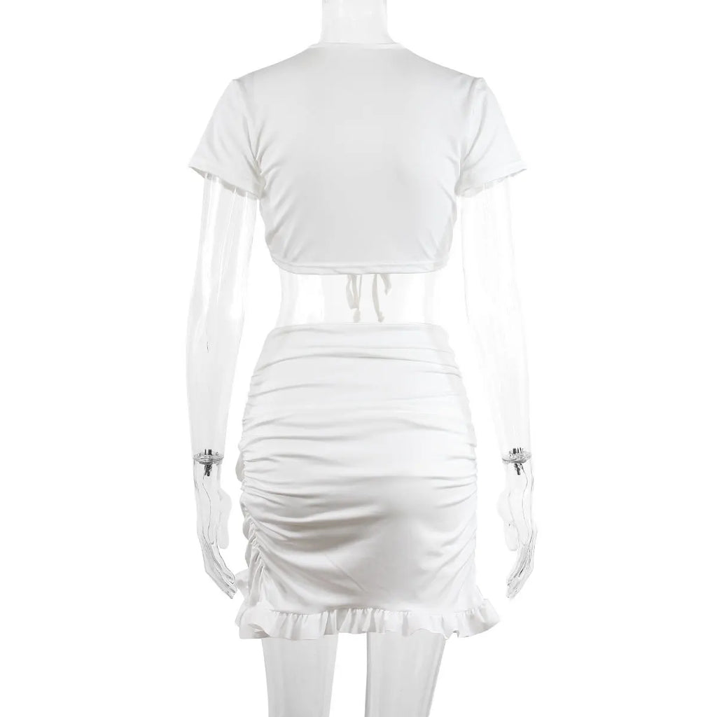 Sexy Deep V Neck Lace Up Short Sleeve Two Piece Women's Summer 2026 Ruffled Pleated Prom Bodycon Dress for Women Nightclub Dress