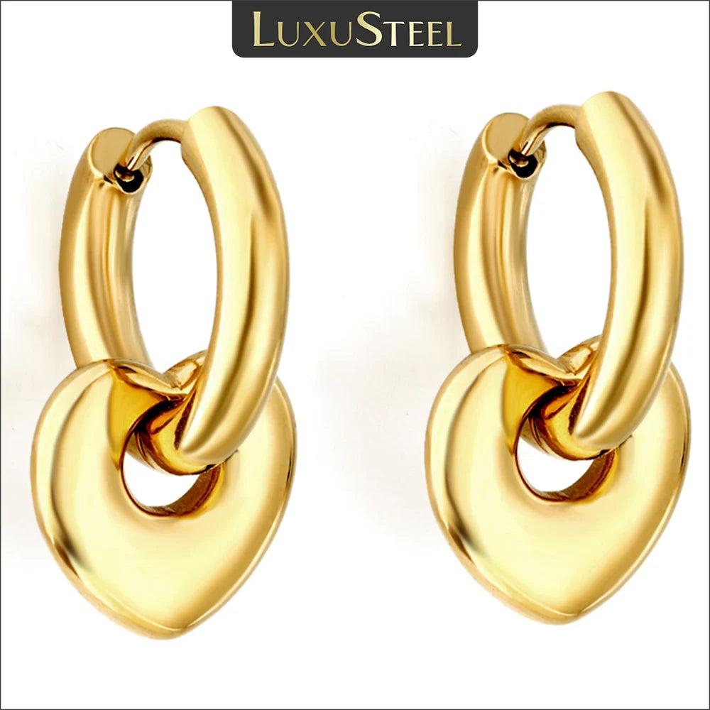 LUXUSTEEL Heart Pendant Huggie Earrings For Women Golden Plated Stainless Steel Hoops With Charm Drop Earrings Korea Jewelry
