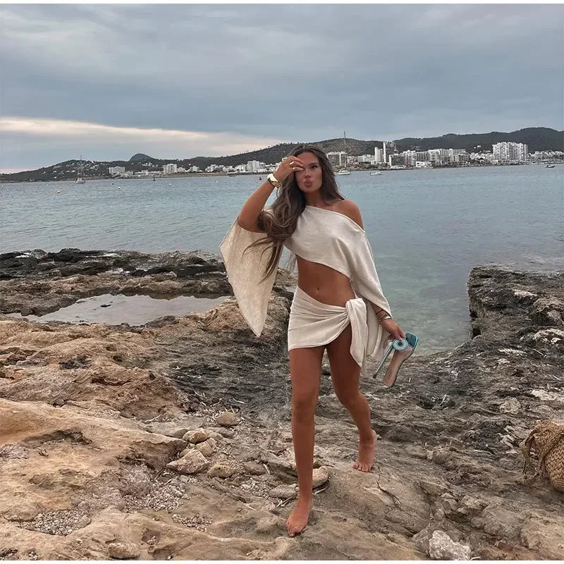 Women Solid Color Shawl Tops Mini Knot Skirt Suit Cotton Linen Comfort Skirts Set 2026 Spring Summer Lady Beach Holiday Outfit