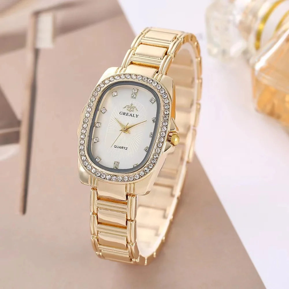 Fashion GREALY Brand Luxury Oval Dial Rhinestone Ladies' Watch  Gold Silver zinc alloy Quartz Wristwatch for Women