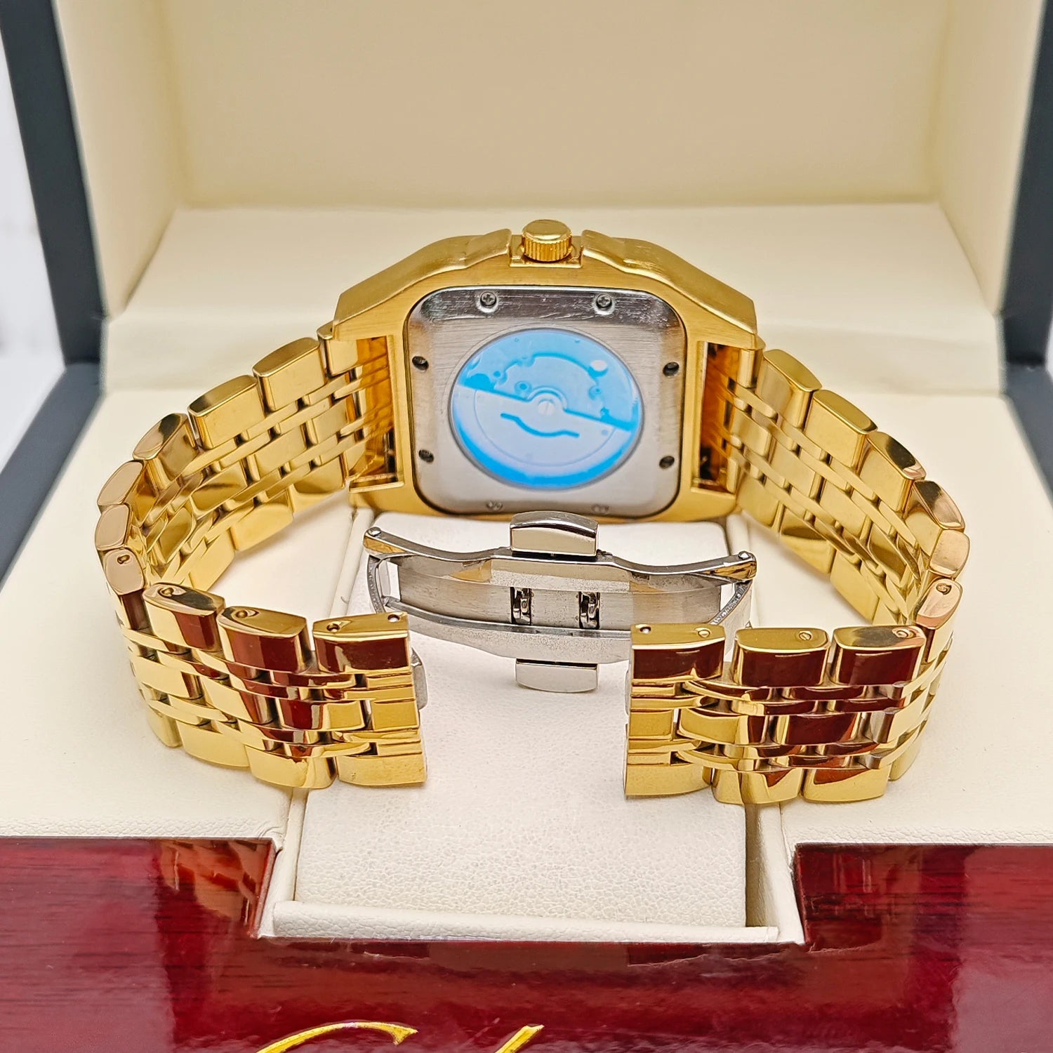 New Genuine High-Quality Square Men's Mechanical Watch, Automatic Winding, Skeleton Design, Stainless Steel Strap, with Calendar Display, European and American Style Tank Series, Fashionable Business Casual Stylish Handsome S