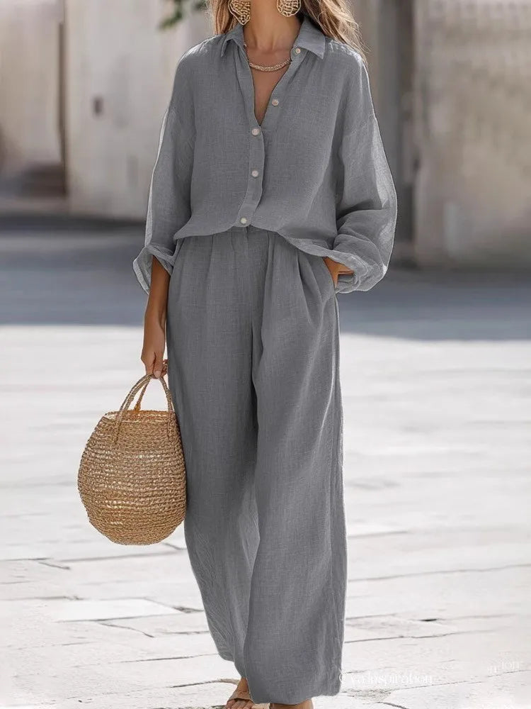 Lady Cotton Linen Shirt Pants Suits Casual Two Piece Set For Women 2025 Autumn Long Sleeve Top And Wide Leg Pants Loose Outfits