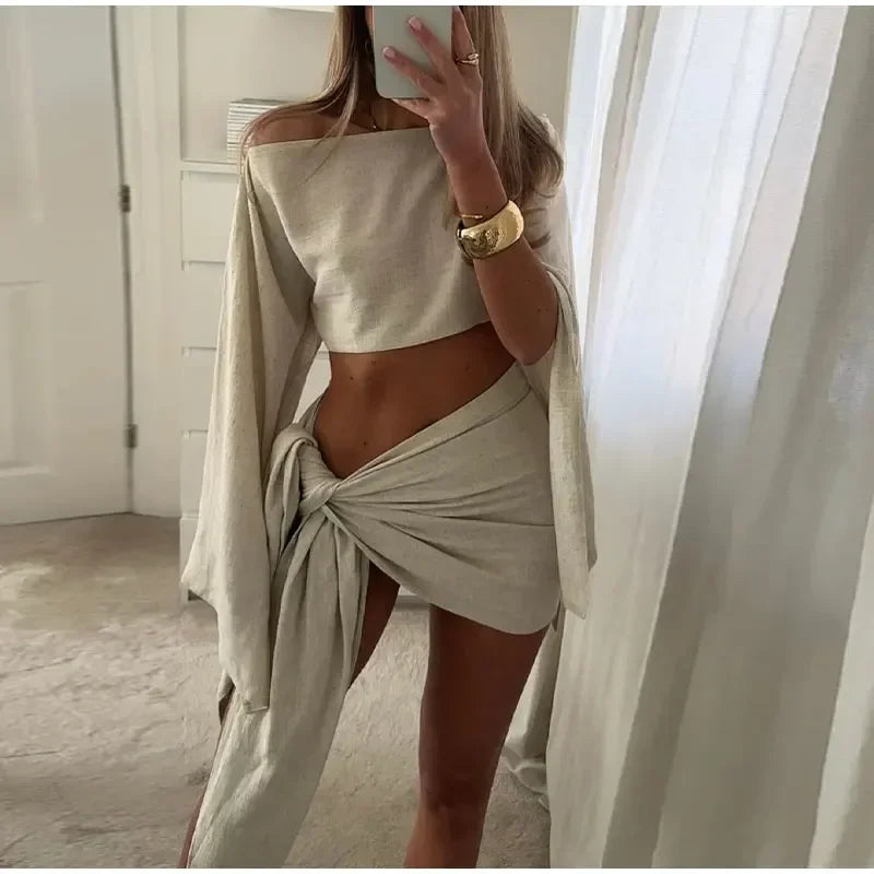 Women Solid Color Shawl Tops Mini Knot Skirt Suit Cotton Linen Comfort Skirts Set 2026 Spring Summer Lady Beach Holiday Outfit