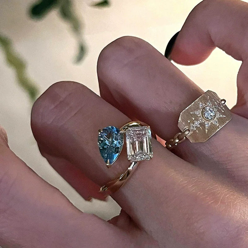 Unique Geometric Blue Zircon Adjustable Finger Rings For Women Fashion New Jewelry Gift Party Holiday anillos mujer