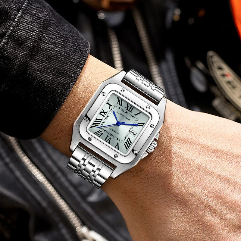 New Genuine High-Quality Square Men's Mechanical Watch, Automatic Winding, Skeleton Design, Stainless Steel Strap, with Calendar Display, European and American Style Tank Series, Fashionable Business Casual Stylish Handsome S